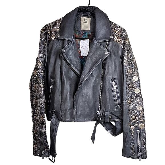 NWT Free People Genuine Leather Circle Embellished XS Jacket - Picture 2 of 10